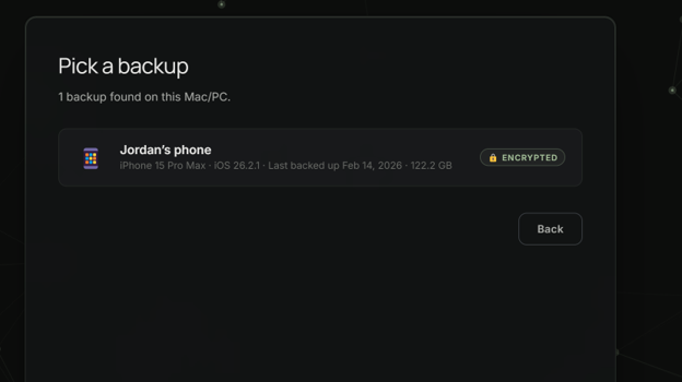 truth spores backup picker — selecting an encrypted iPhone backup