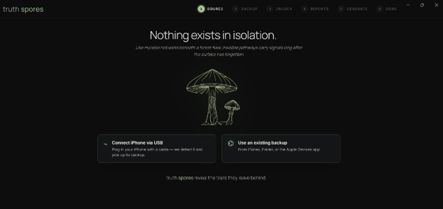 truth spores source picker — connect iPhone via USB or use an existing backup
